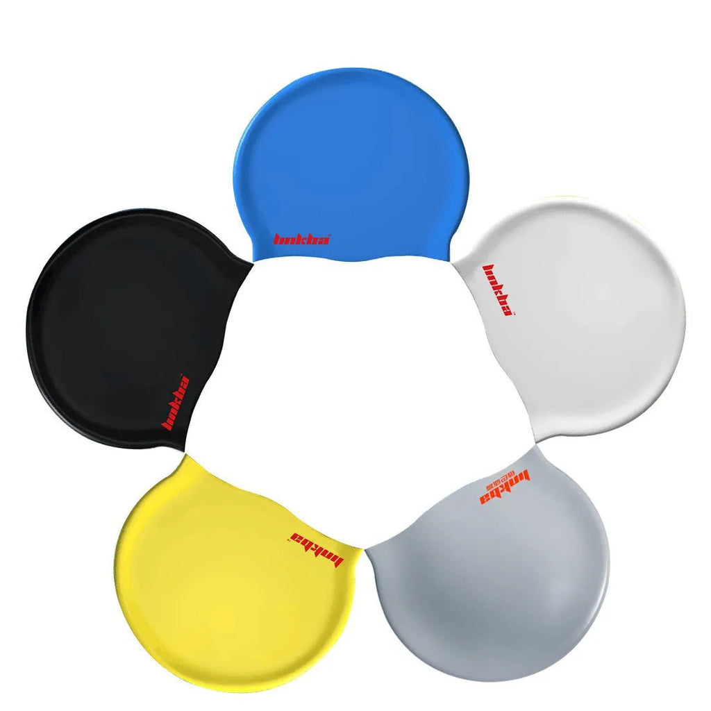 Professional silicone swimming cap with built-in waterproof earmuffs in multiple colour options.