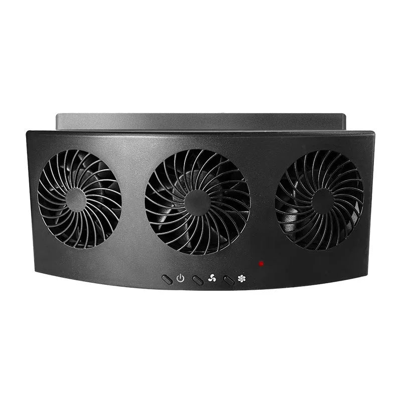 Black and white USB-powered car ventilation fan with compact rectangular design
