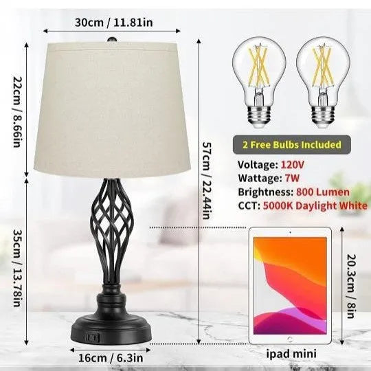 Silver alloy bedside table lamp with touch dimming control and USB charging port