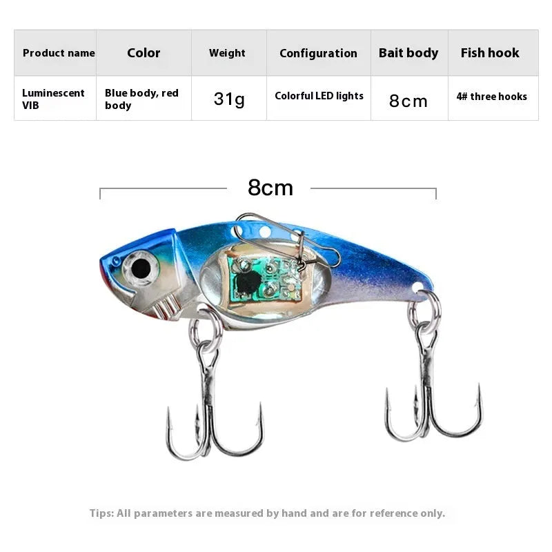 Electronic metal vib fishing lure with luminous elements in blue and red body colours