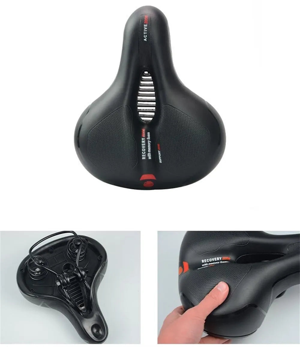 Soft silicone bicycle cushion with PU leather cover, wrench, and waterproof accessories.