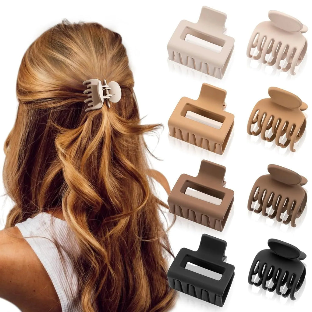 Six rose red plastic hair clips with frosted grip and quadrilateral design displayed together