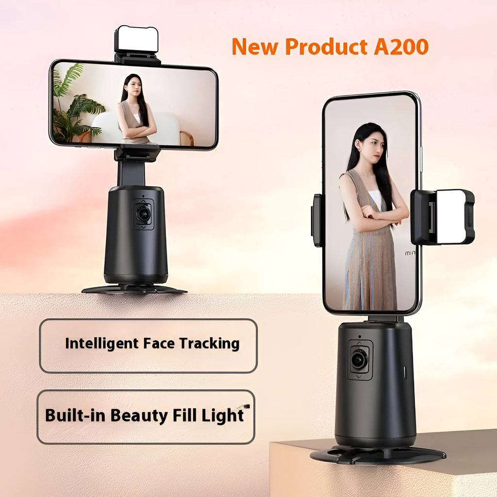 Black desktop smartphone bracket with intelligent face tracking and rotating camera head with ribbon lights