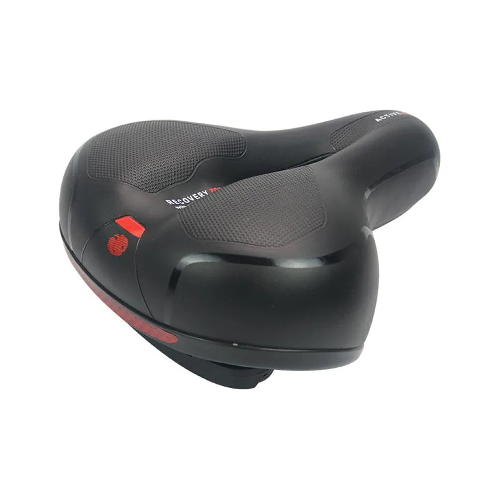 Soft silicone bicycle cushion with PU leather cover, wrench, and waterproof accessories.