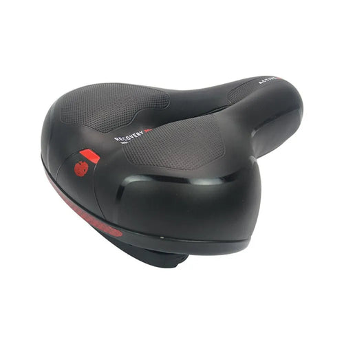 Soft silicone bicycle cushion with PU leather cover, wrench, and waterproof accessories.