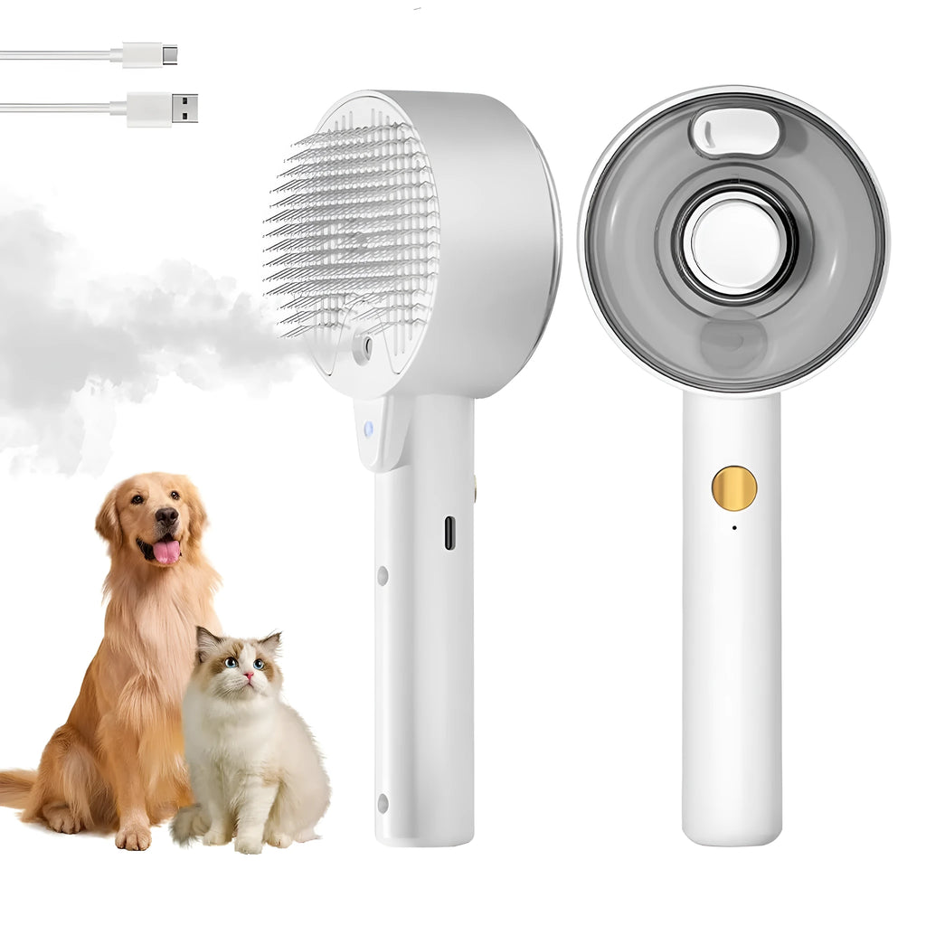 Pink and white cat steam brush with transparent water tank and rounded comb head