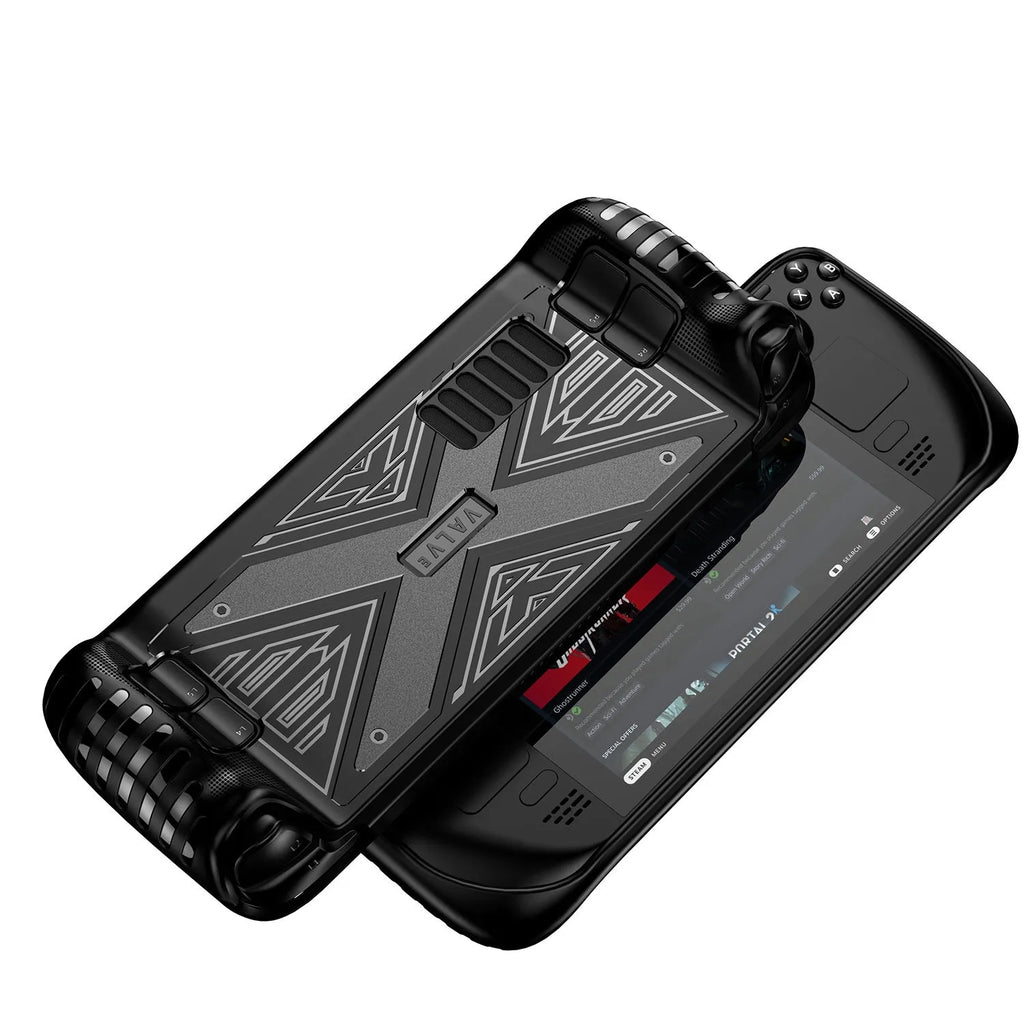Soft black TPU silicone protective case for a Steam Deck game console.