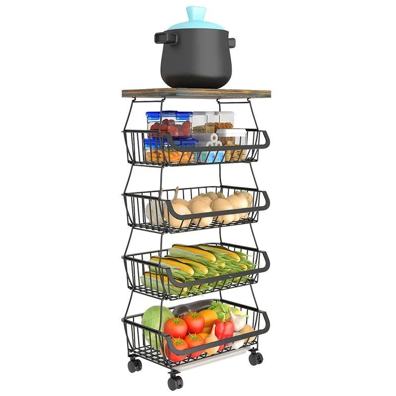 Black six-tier freestanding kitchen storage rack with a carbon steel frame on a hard floor.