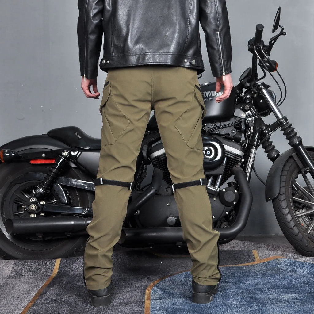 Men's waterproof motorcycle cycling trousers in black or green with belt and protective gear