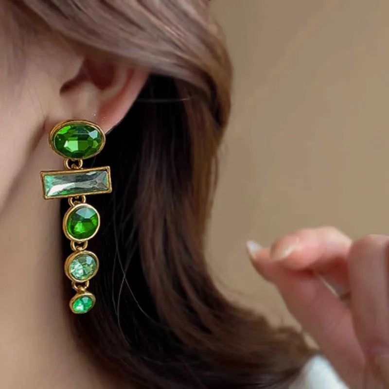 Green gradient geometric Chinese style earrings with tassel design and zircon decoration