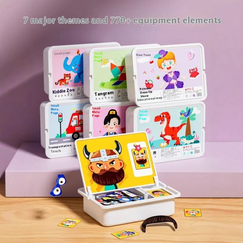 Magnetic puzzle building blocks set with paper tiles and illustrated themes including dinosaur world for infant early learning