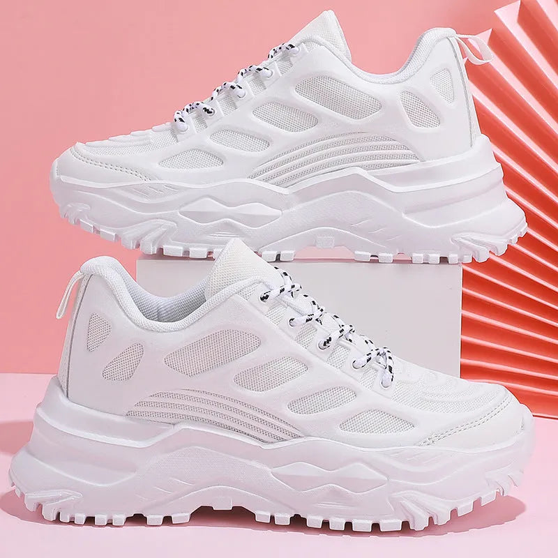 Men and women mesh breathable casual sports shoes with lace-up front in white, beige, black colours