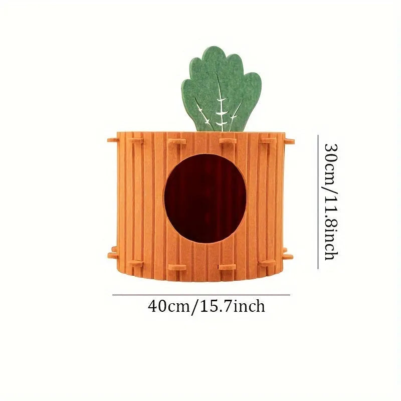 Orange carrot-shaped felt cat nest tunnel with a semi-enclosed design and drilled openings.