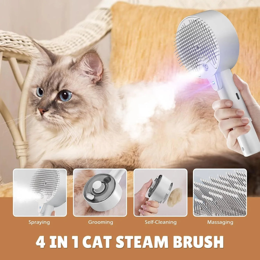 Pink and white cat steam brush with transparent water tank and rounded comb head