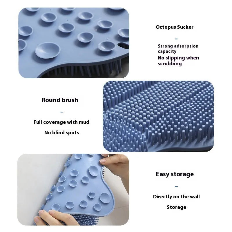 Blue silicone bath massage cushion mat for handheld back scrubbing, measuring 31cm by 32cm.