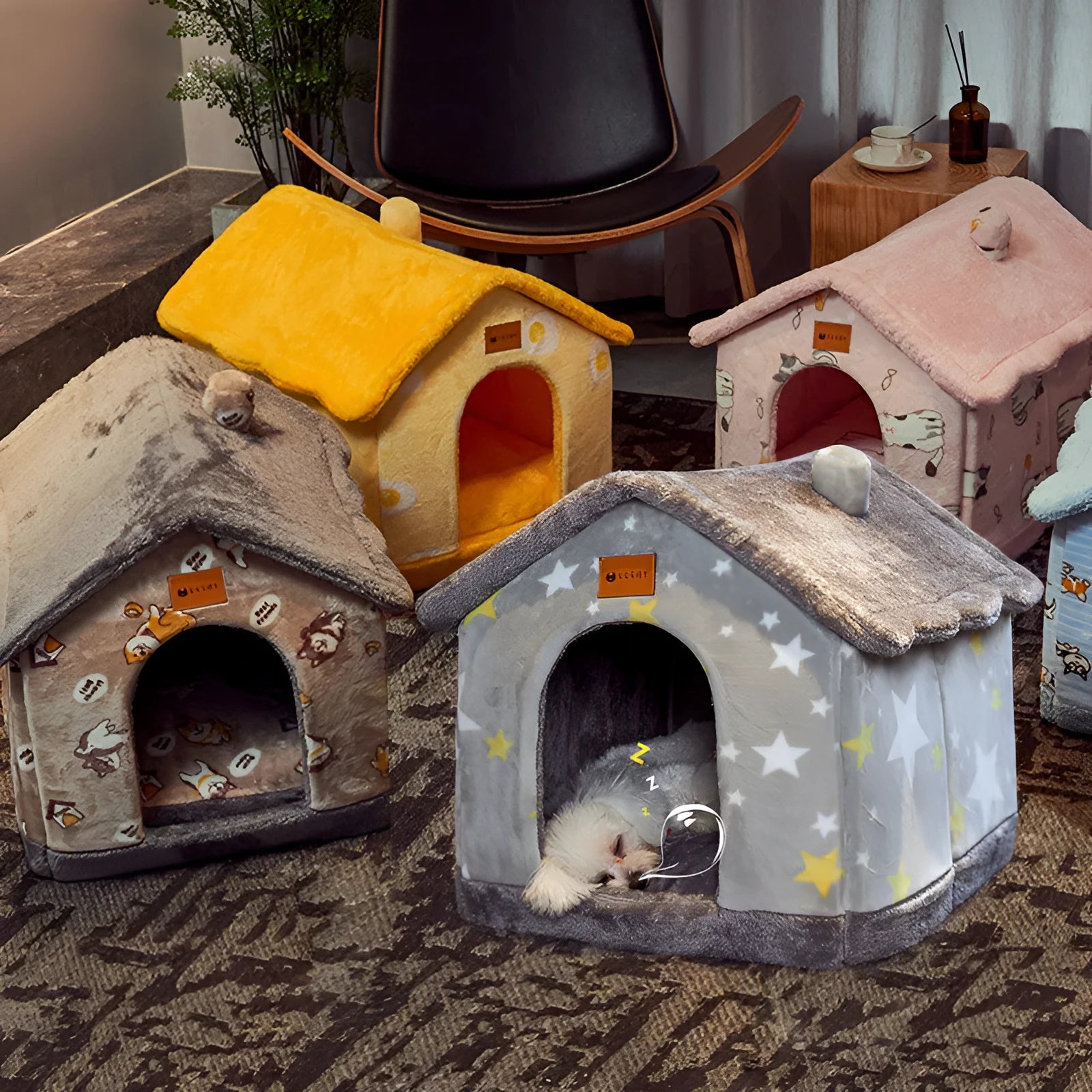 Foldable dog house pet cat bed in cave style with self-warming plush fur and non-slip bottom, available in multiple colours and sizes