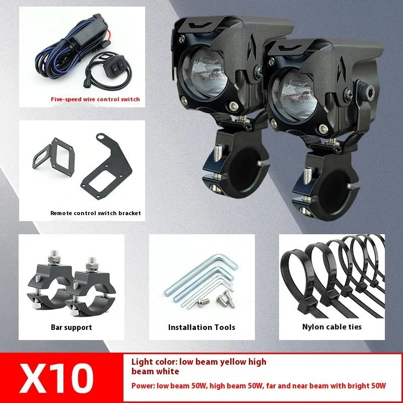 LED motorcycle spotlights with wireless remote control and mounting brackets