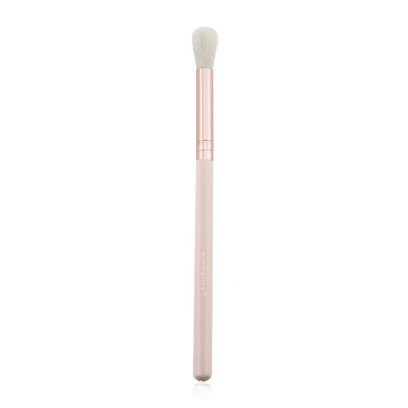 26 pink wooden-handle makeup brushes arranged in a grey PU zip case.