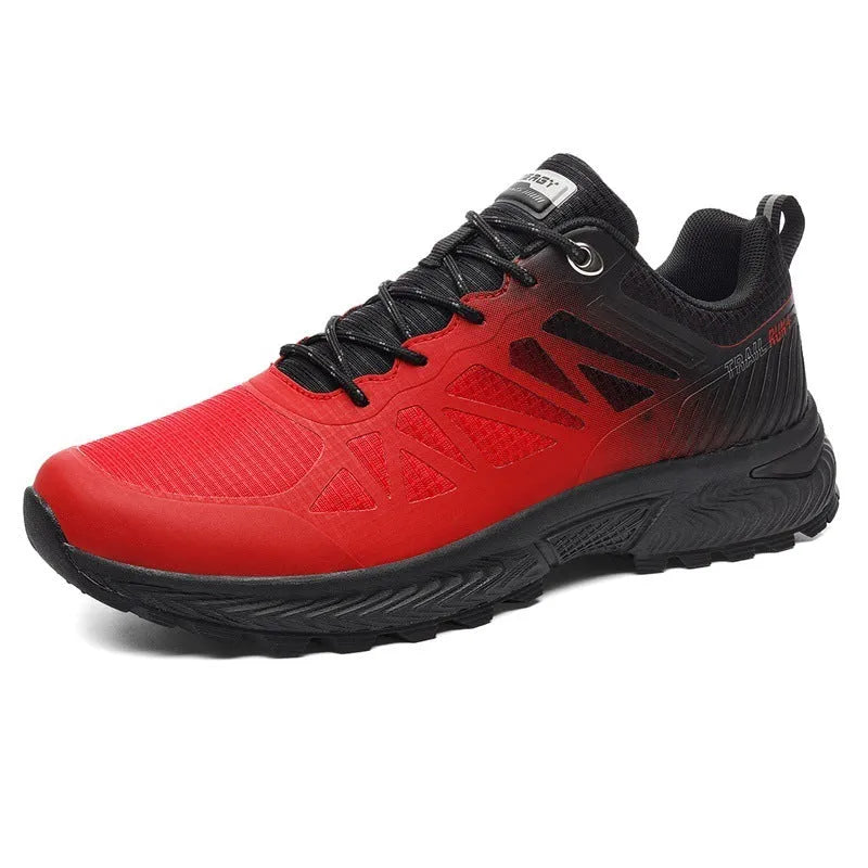 Men's black and orange mesh running shoes with round toe and lace-up front
