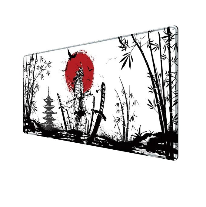 Japanese Samurai design gaming mouse pad on a desk, showing cloth surface and non-slip base.