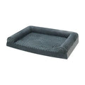 Light grey soft cloth dog kennel with removable mat, shown in a home setting.