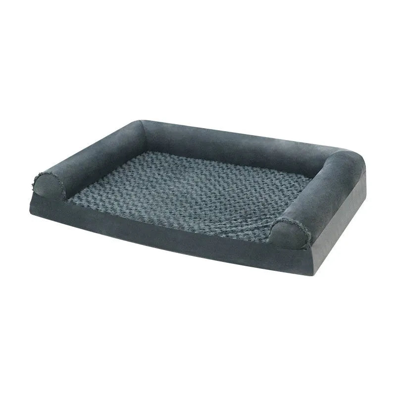 Light grey soft cloth dog kennel with removable mat, shown in a home setting.