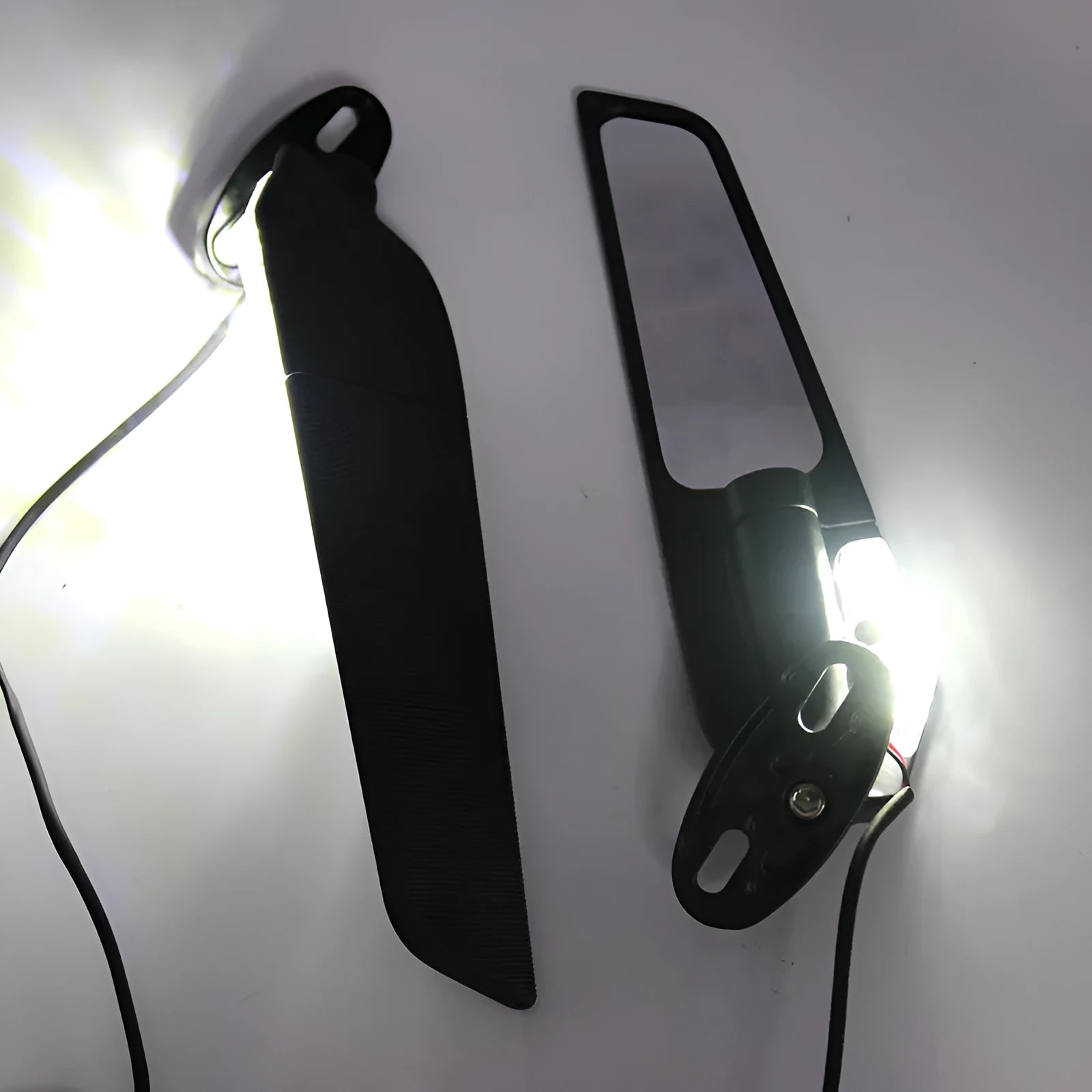 Motorcycle spoiler-style rearview mirror with integrated yellow LED light and convex lens