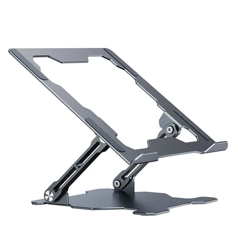 Grey adjustable aluminum laptop stand showing folding mechanism and hollow cooling design