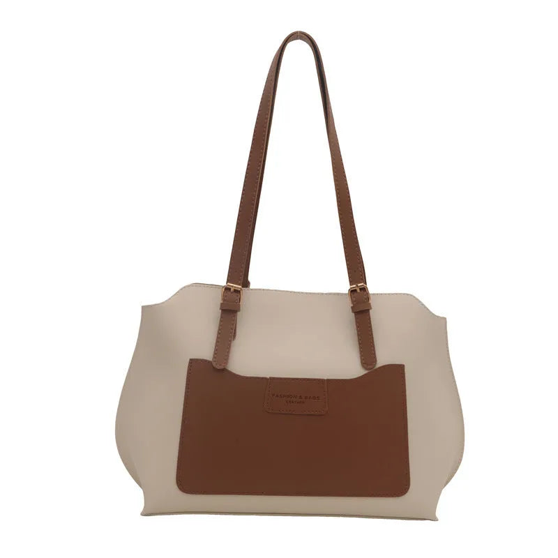 Women's PU tote bag in urban simplicity style, available in black, brown, khaki, white, with sandwich pocket and double straps