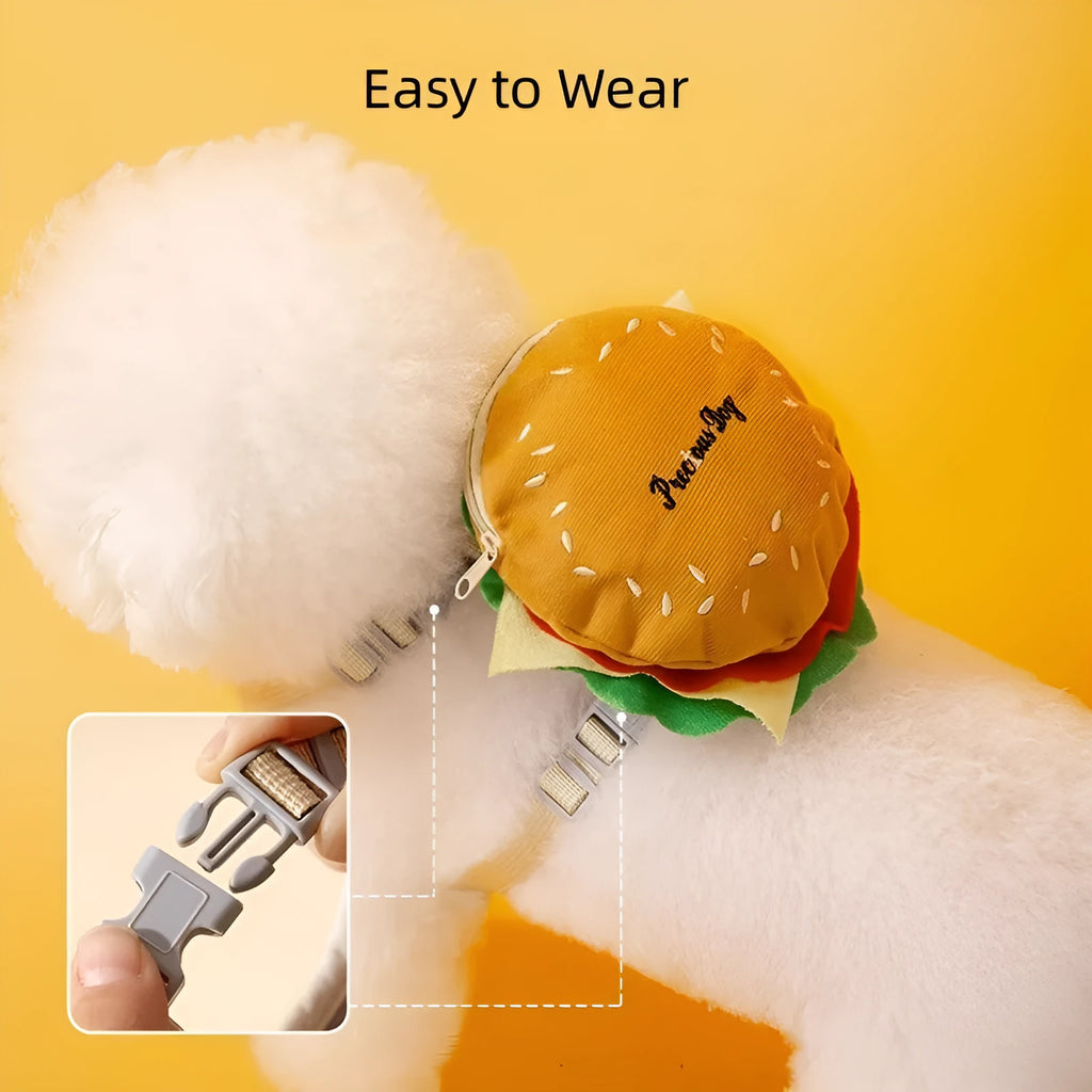 Adjustable pet vest leash with cartoon hamburger design, shown on a dog.