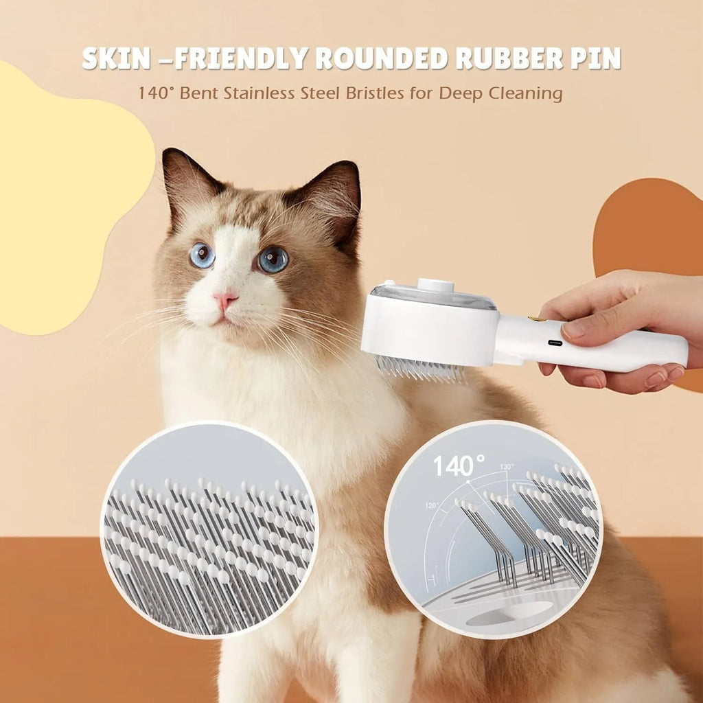 Pink and white cat steam brush with transparent water tank and rounded comb head