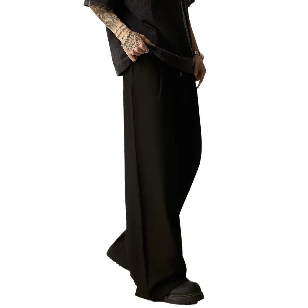 Men's black wide-leg casual trousers with straight-leg design and micro-elastic waist