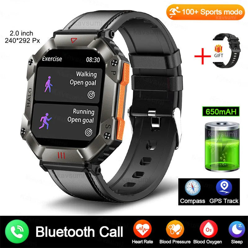 Android smart watch with GPS on wrist, showing titanium alloy case and black camouflage strap.