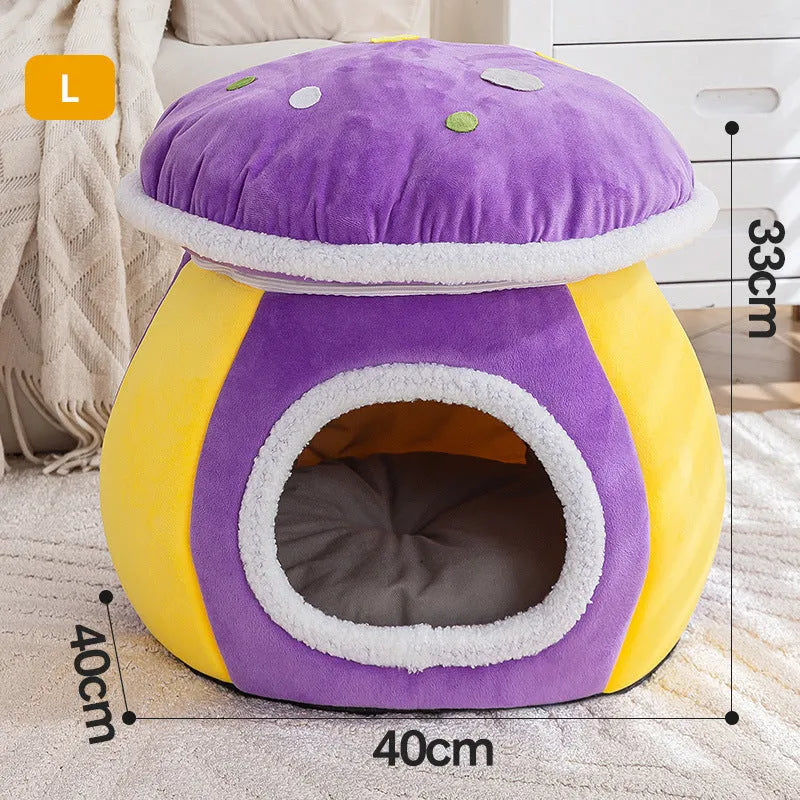 Mushroom-shaped plush cat bed in purple, pink, or grey colours