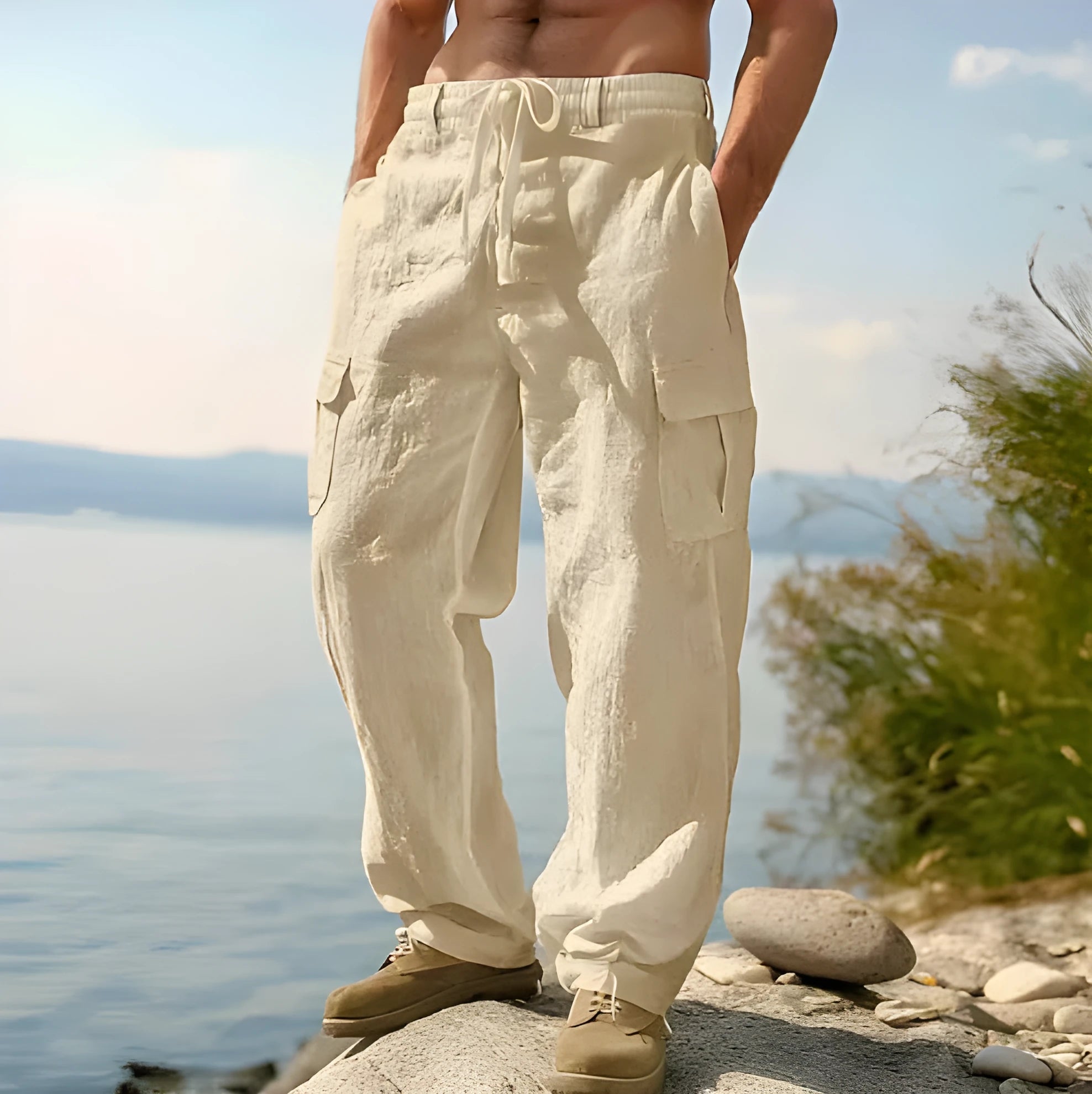 Men's cotton wide-leg casual trousers in seven colours with elastic mid waist
