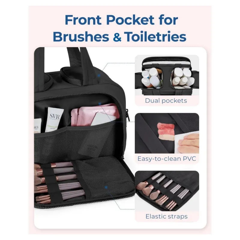 Large lightweight travel toiletry bag in polyester with wide-opening design measuring 29.97 x 18.54 x 21.08cm