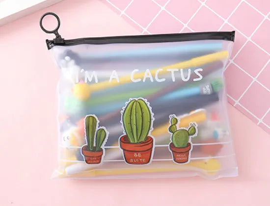 Marvel-themed 20 black gel pens with cartoon cactus designs in plastic storage case