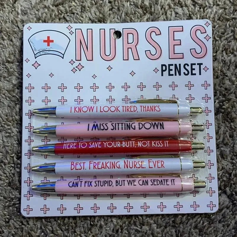 Set of five nurse-themed retractable ballpoint pens with medical designs showing plastic construction