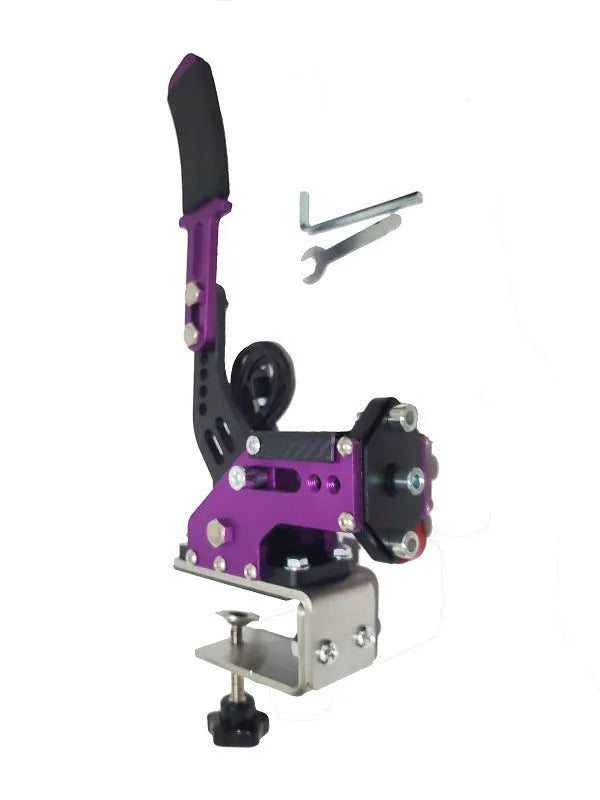 Black USB handbrake with aluminium bracket and clamp for PC racing simulators next to a racing wheel.