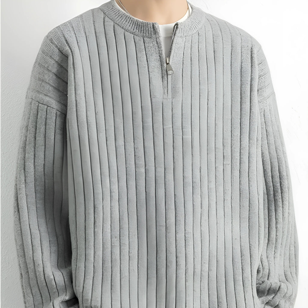 Men's grey half-zip texture knit sweater with loose fit and long sleeves