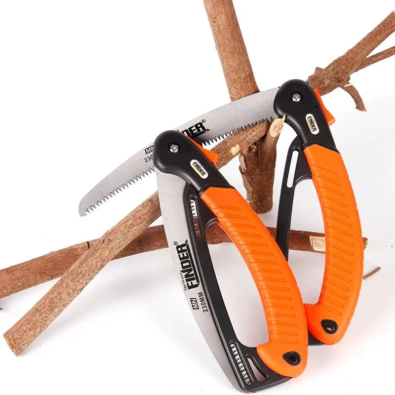230mm folding garden hand saw with a black TPR grip and silver steel blade shown open and closed.