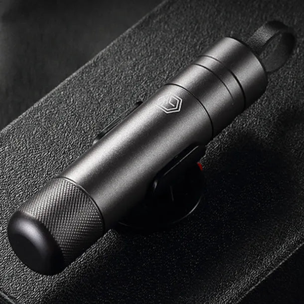 Gun grey aluminium alloy car safety hammer with seatbelt cutter measuring 87mm long