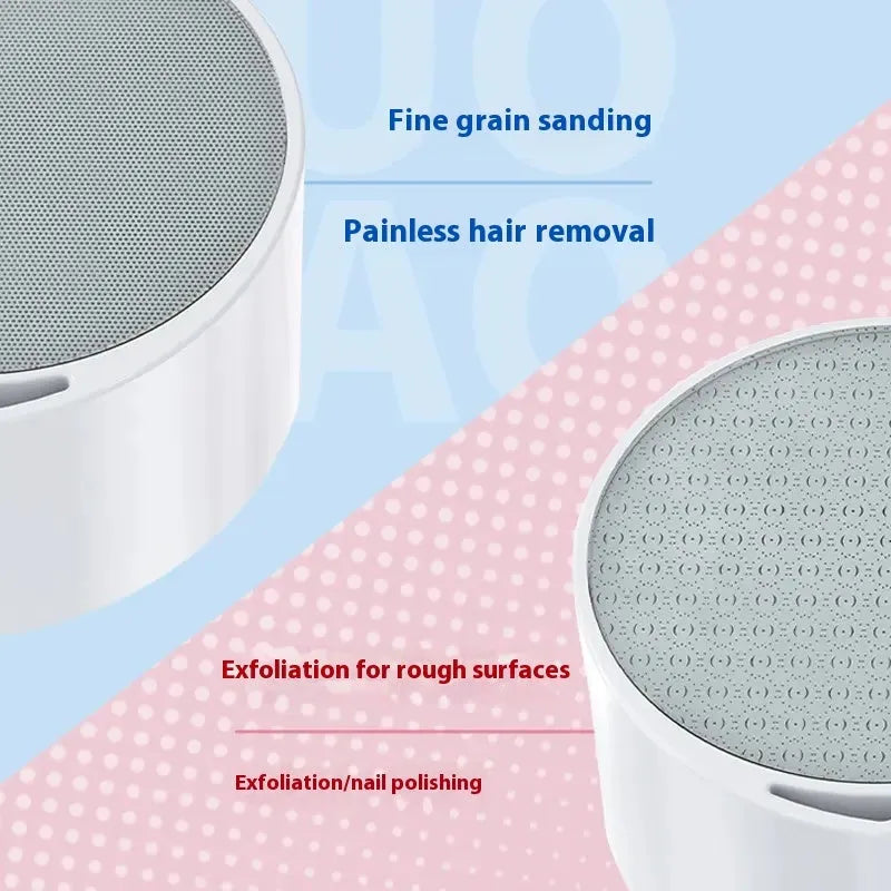 White nano glass epilator and foot grinder device with plastic body and two attachment heads