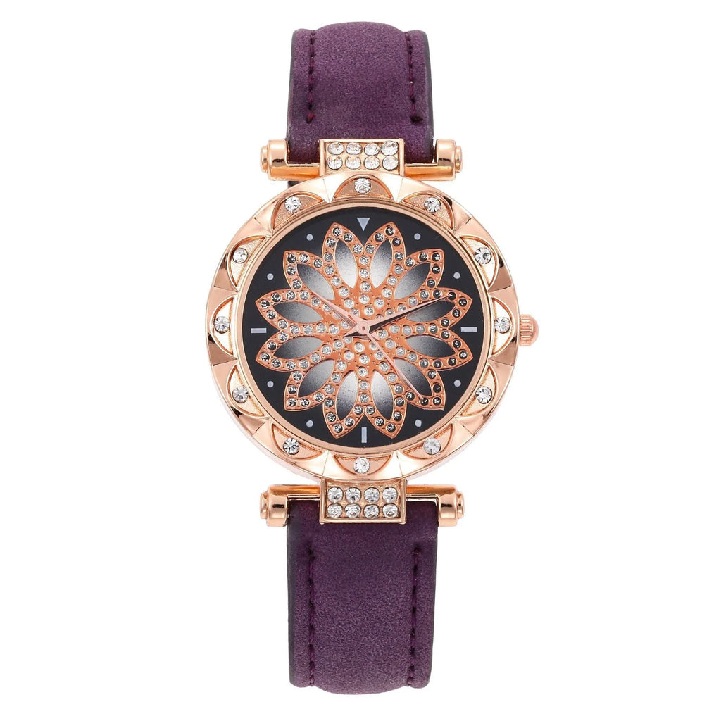 Women's quartz watch bracelet set with faux leather strap, circular dial, and matching jewellery in a colour suit