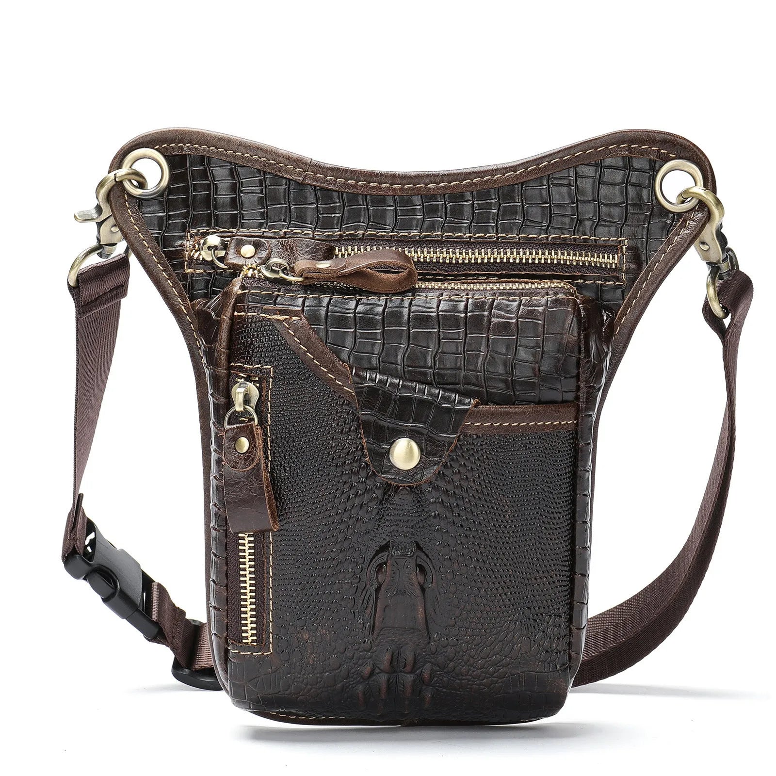 Men's brown crazy horse leather retro satchel bag with a shoulder strap.