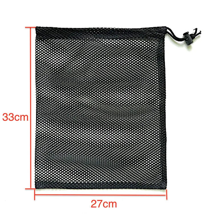 Black mesh drawstring storage bag for children's water ball toys showing three size options