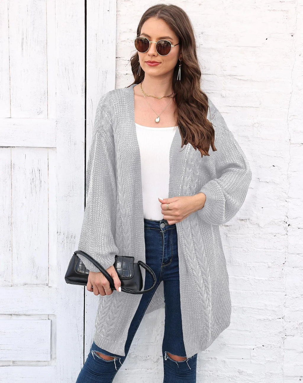 Women's loose acrylic sweater coat cardigan in five colour options including army green and rose red