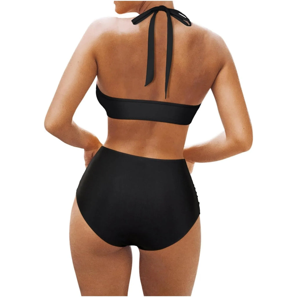 Women's black polyester bikini set with lined briefs on a mannequin, showing top with ties and split bottom.
