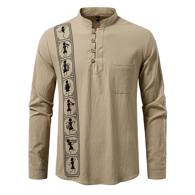 Men's solid colour cotton linen style slim fit pullover shirt in khaki, European sizes S-2XL