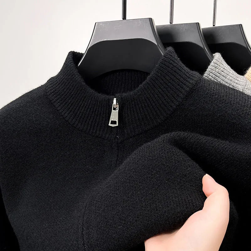 Men's stand collar knitted zipper cardigan in black, grey, or beige with loose fit